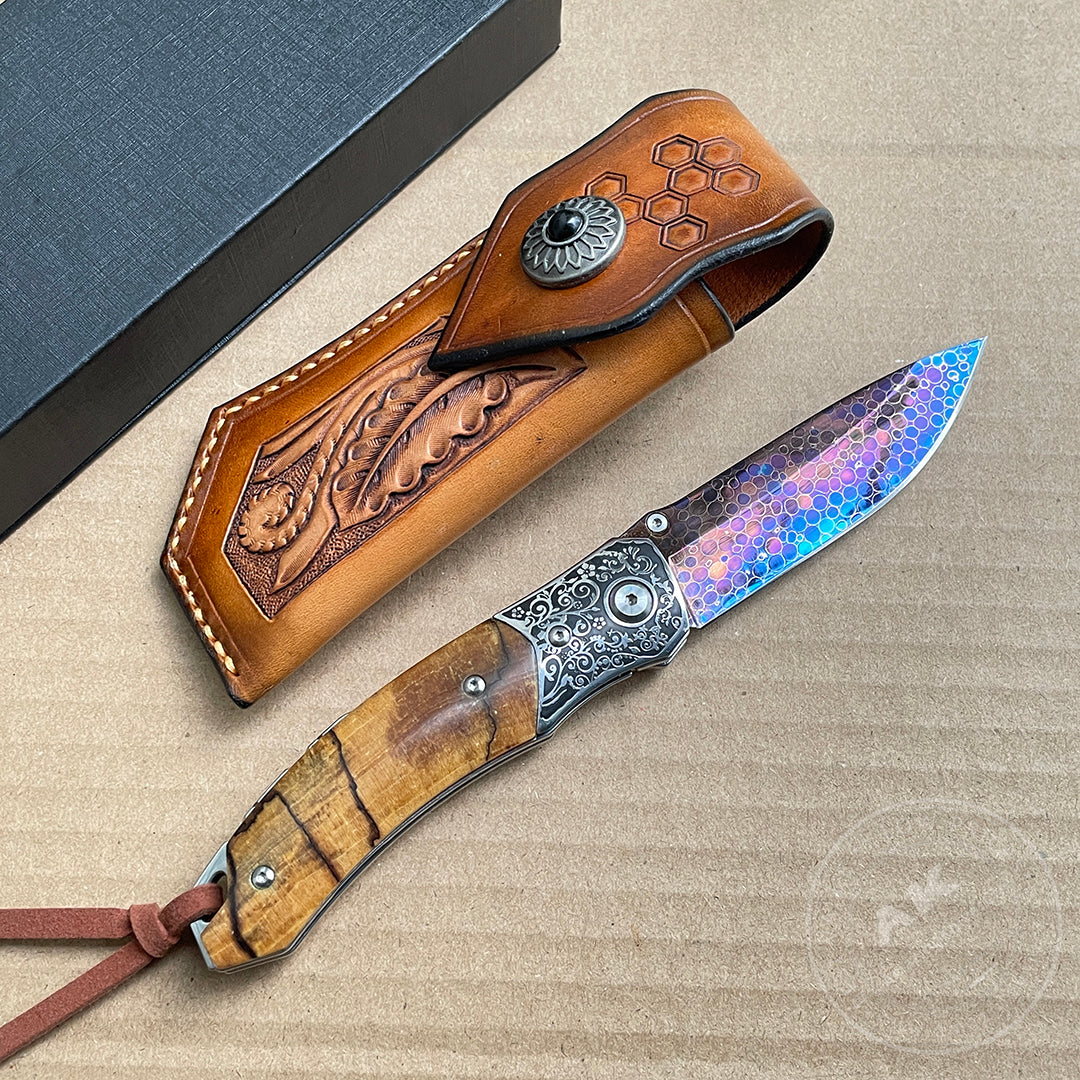 Dragonskin Blade Damascus Folding Knife Blue Ball Bearings - AK-HT0758