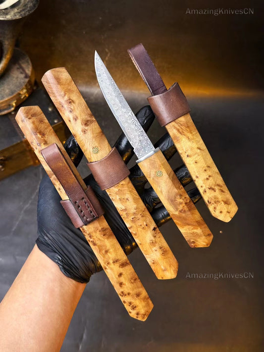 Japanese Bushido Katana Knife Damascus Steel Ninja Samurai Warrior Figured Wood-AK-HT0773