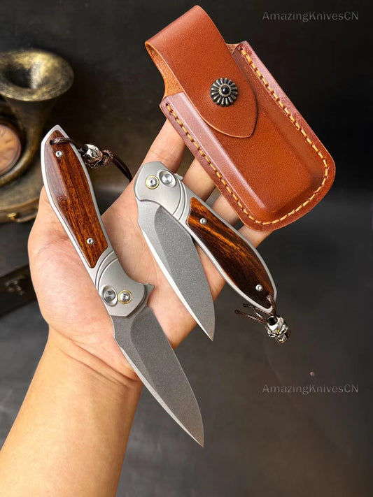 Premium M390 Blade Pocket Knife Button Lock Ball Bearing Titanium Desert Ironwood Handle- AK-HT0897