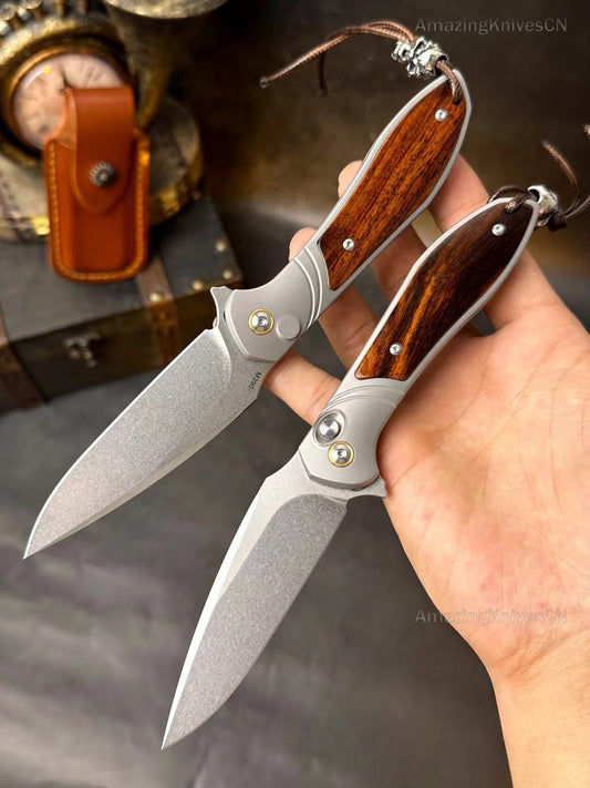 Premium M390 Blade Pocket Knife Button Lock Ball Bearing Titanium Desert Ironwood Handle- AK-HT0897
