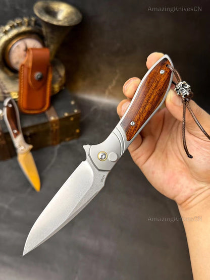 Premium M390 Blade Pocket Knife Button Lock Ball Bearing Titanium Desert Ironwood Handle- AK-HT0897