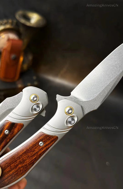 Premium M390 Blade Pocket Knife Button Lock Ball Bearing Titanium Desert Ironwood Handle- AK-HT0897