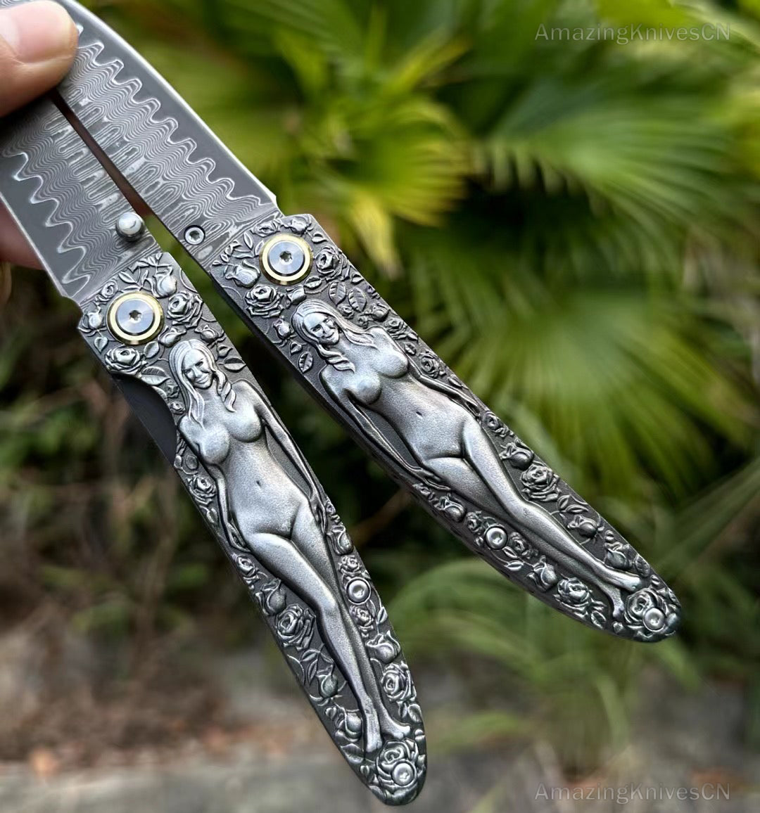Handmade Damascus Steel Engraved Pocket KnifeFolding Knives Rescue Ball Bearing - AK-HT0872