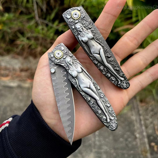 Handmade Damascus Steel Engraved Pocket KnifeFolding Knives Rescue Ball Bearing - AK-HT0872