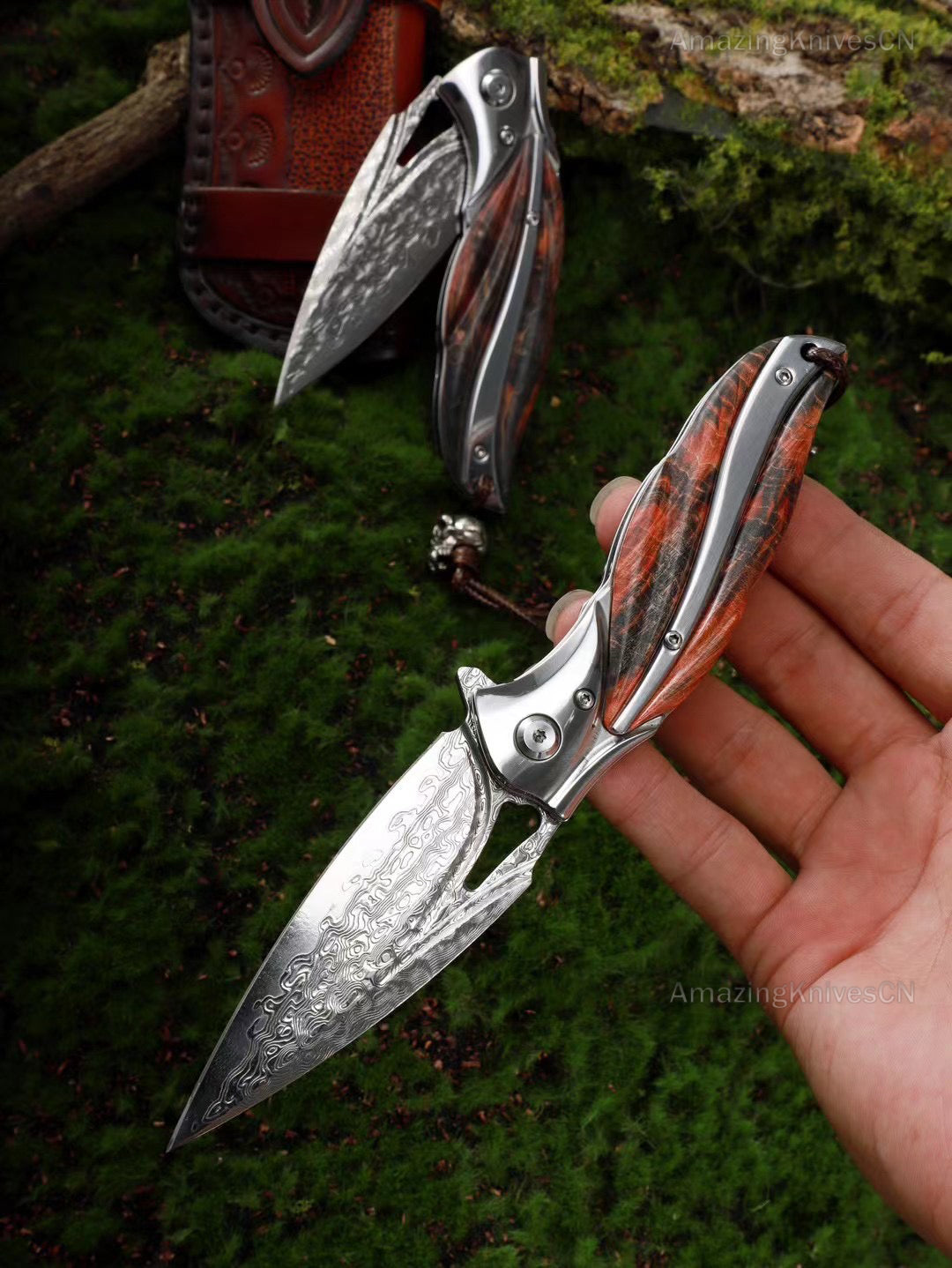 Polished Damascus Steel Folding Knife Pocket Knives Ball Bearing Wood Sheath - AK-HT0682