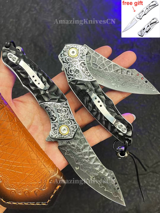 Japanese VG10 Damascus Survival Pocket Knife Flipper Ball Bearing Razor Sharp w/ Clip - AK-HT0991