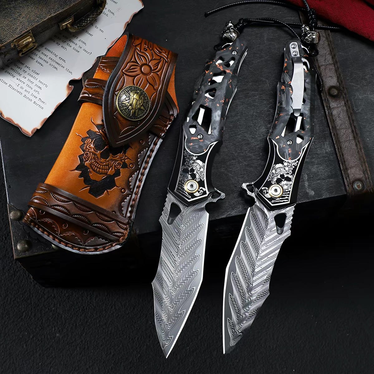 Handmade Damascus Folding Knife Carbon Fiber Copper Powder Handle Pocket Knife - AK-HT1070