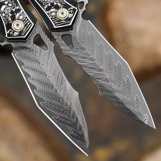 Handmade Damascus Folding Knife Carbon Fiber Copper Powder Handle Pocket Knife - AK-HT1070