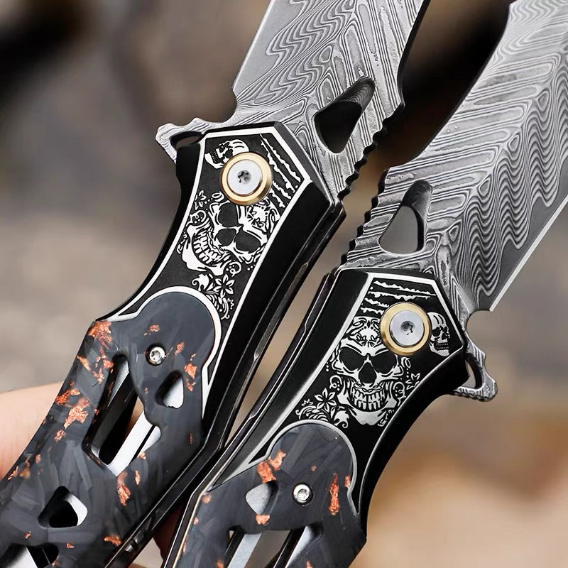 Handmade Damascus Folding Knife Carbon Fiber Copper Powder Handle Pocket Knife - AK-HT1070