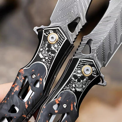 Handmade Damascus Folding Knife Carbon Fiber Copper Powder Handle Pocket Knife - AK-HT1070