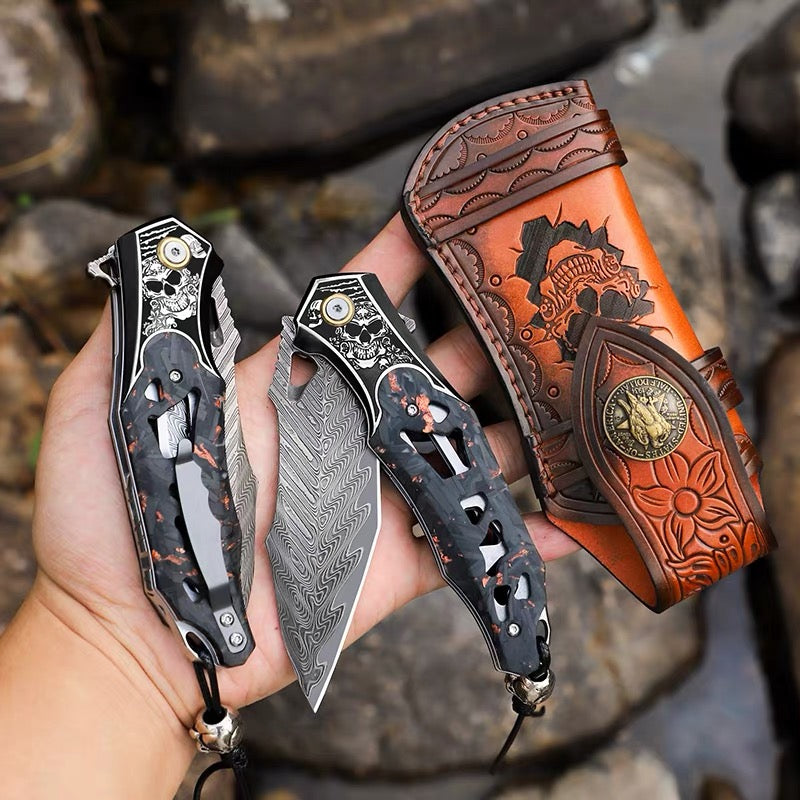 Handmade Damascus Folding Knife Carbon Fiber Copper Powder Handle Pocket Knife - AK-HT1070
