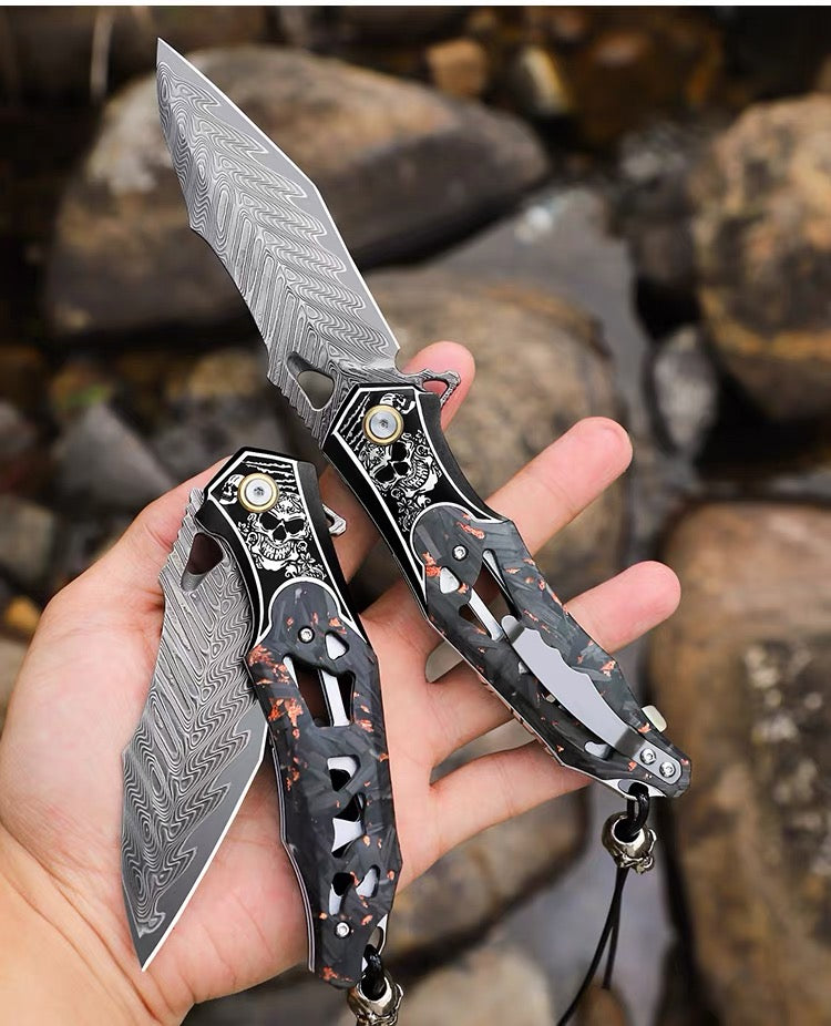 Handmade Damascus Folding Knife Carbon Fiber Copper Powder Handle Pocket Knife - AK-HT1070