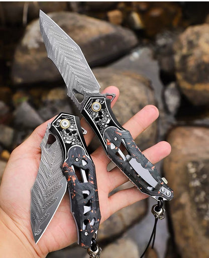 Handmade Damascus Folding Knife Carbon Fiber Copper Powder Handle Pocket Knife - AK-HT1070