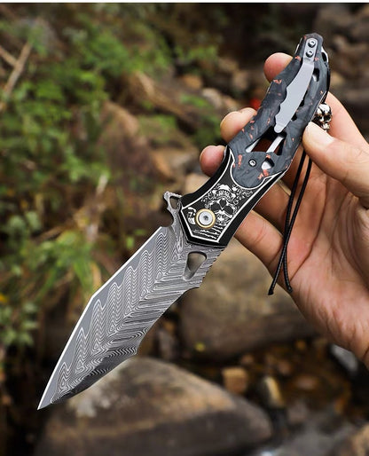 Handmade Damascus Folding Knife Carbon Fiber Copper Powder Handle Pocket Knife - AK-HT1070