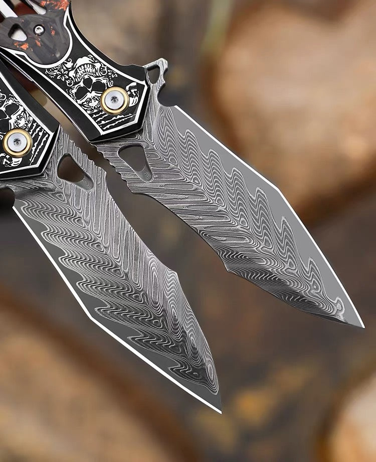 Handmade Damascus Folding Knife Carbon Fiber Copper Powder Handle Pocket Knife - AK-HT1070