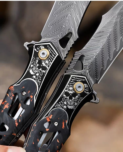 Handmade Damascus Folding Knife Carbon Fiber Copper Powder Handle Pocket Knife - AK-HT1070