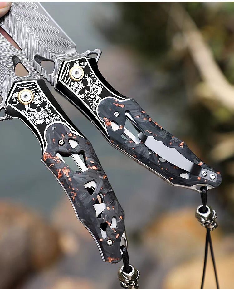 Handmade Damascus Folding Knife Carbon Fiber Copper Powder Handle Pocket Knife - AK-HT1070