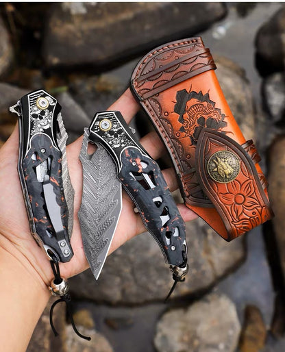 Handmade Damascus Folding Knife Carbon Fiber Copper Powder Handle Pocket Knife - AK-HT1070