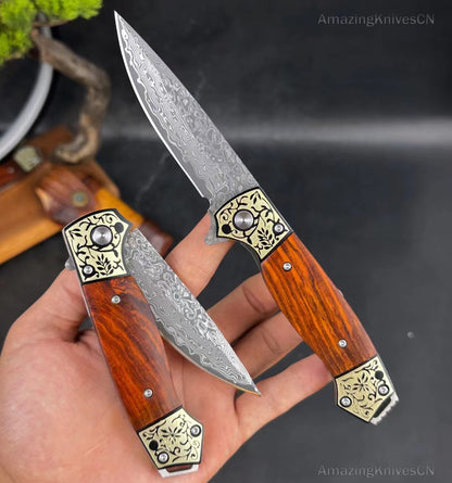 Handmade Damascus Steel Folding Knife Pocket Knives Ball Bearing Wood Handle - AK-HT0903