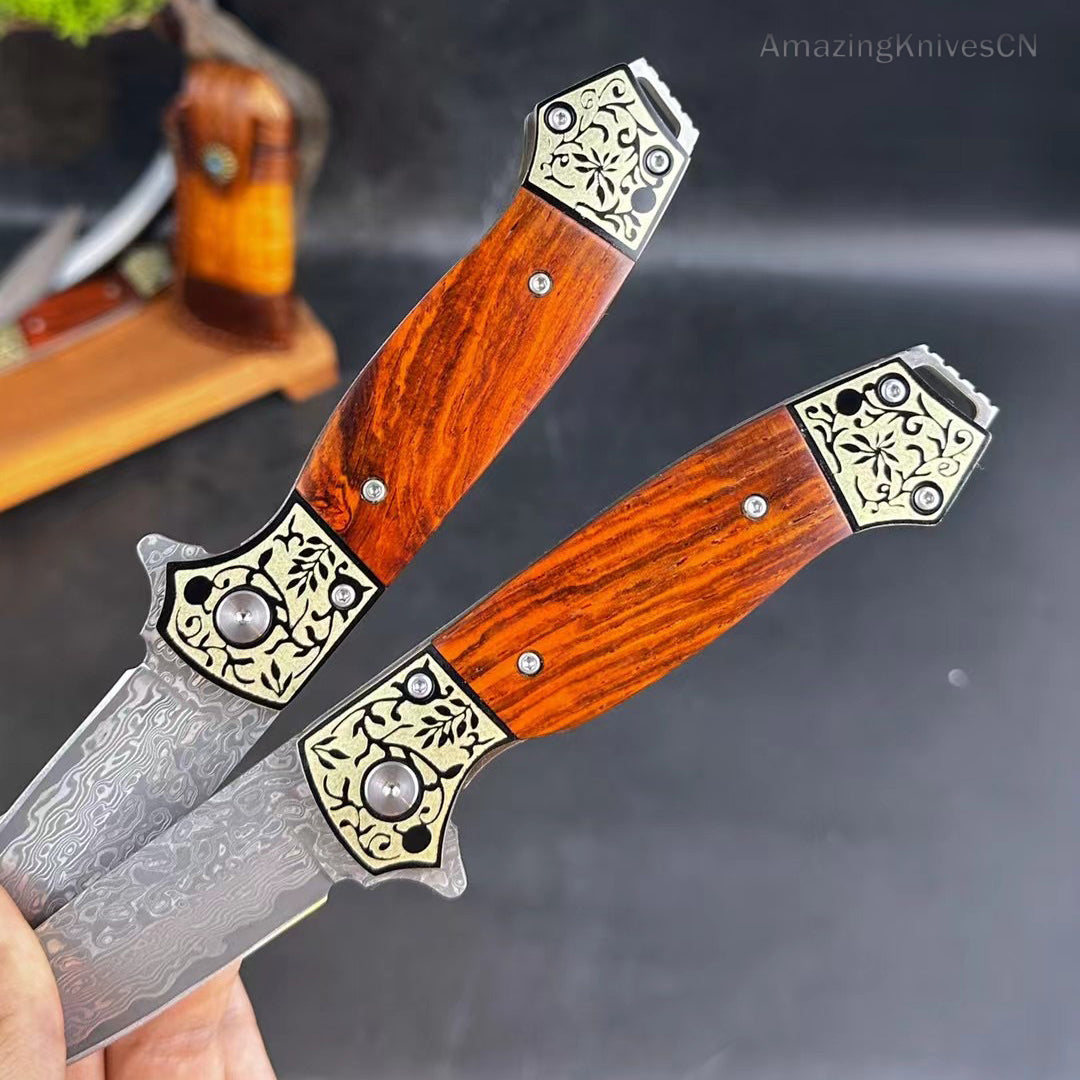 Handmade Damascus Steel Folding Knife Pocket Knives Ball Bearing Wood Handle - AK-HT0903