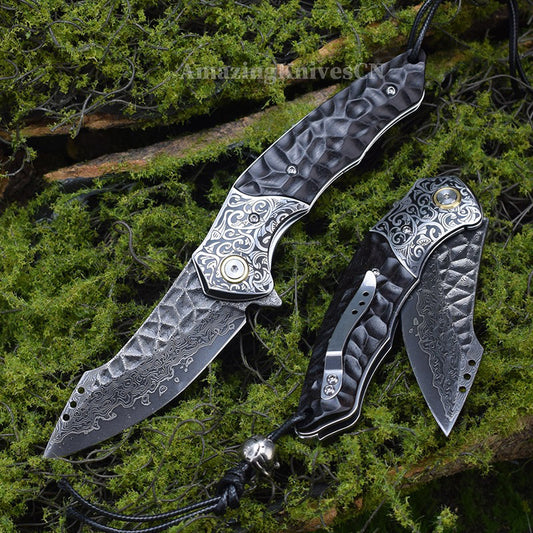 Japanese VG10 Damascus Survival Pocket Knife Flipper Ball Bearing Razor Sharp w/ Clip - AK-HT0991