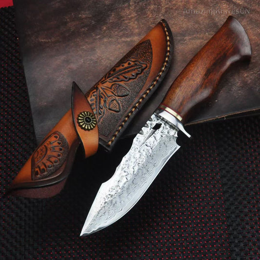 Collectible Vg10 Damascus Hunting Knife Fixed Blade Desert Ironwood Handle w/ Sheath - AK-HT0900
