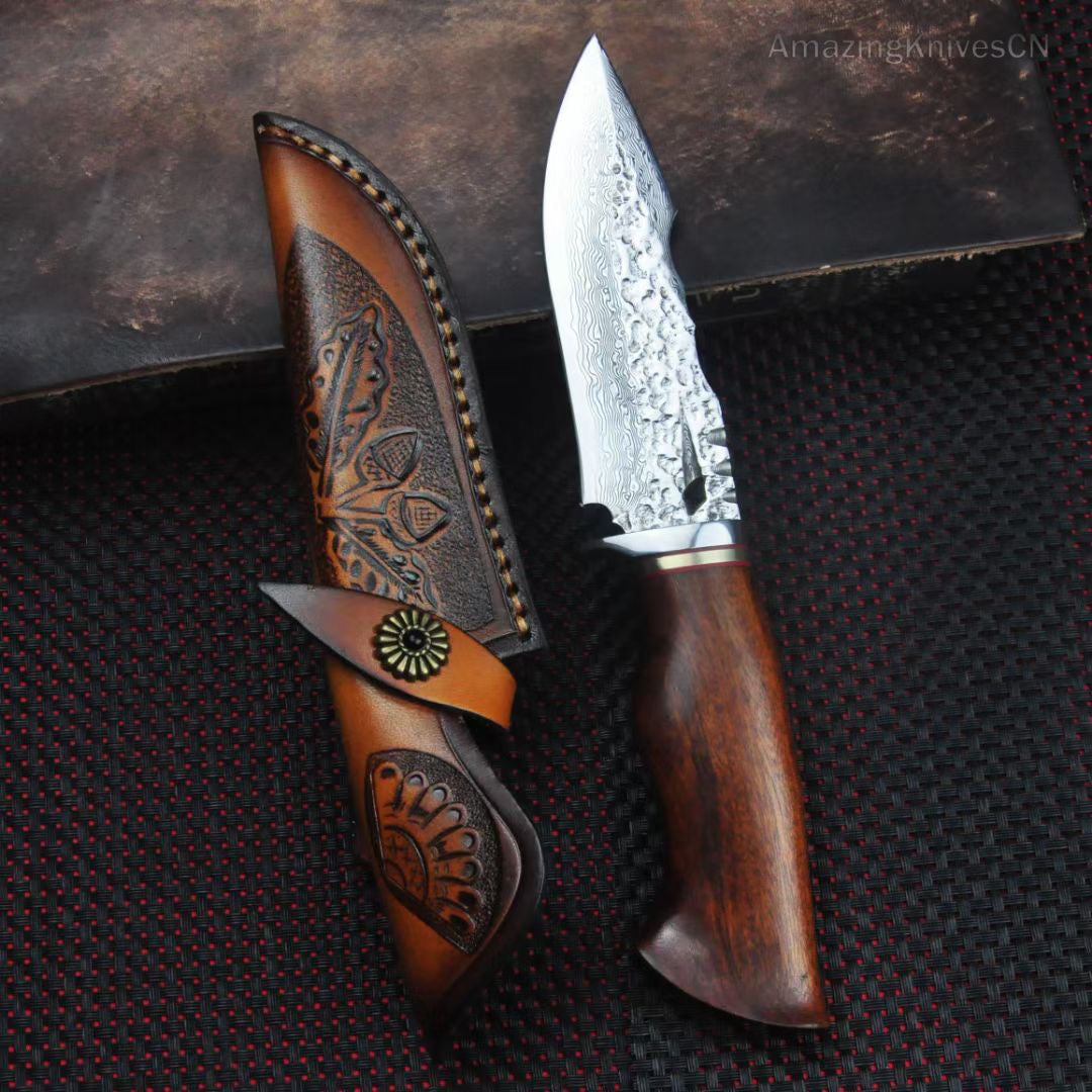 Collectible Vg10 Damascus Hunting Knife Fixed Blade Desert Ironwood Handle w/ Sheath - AK-HT0900