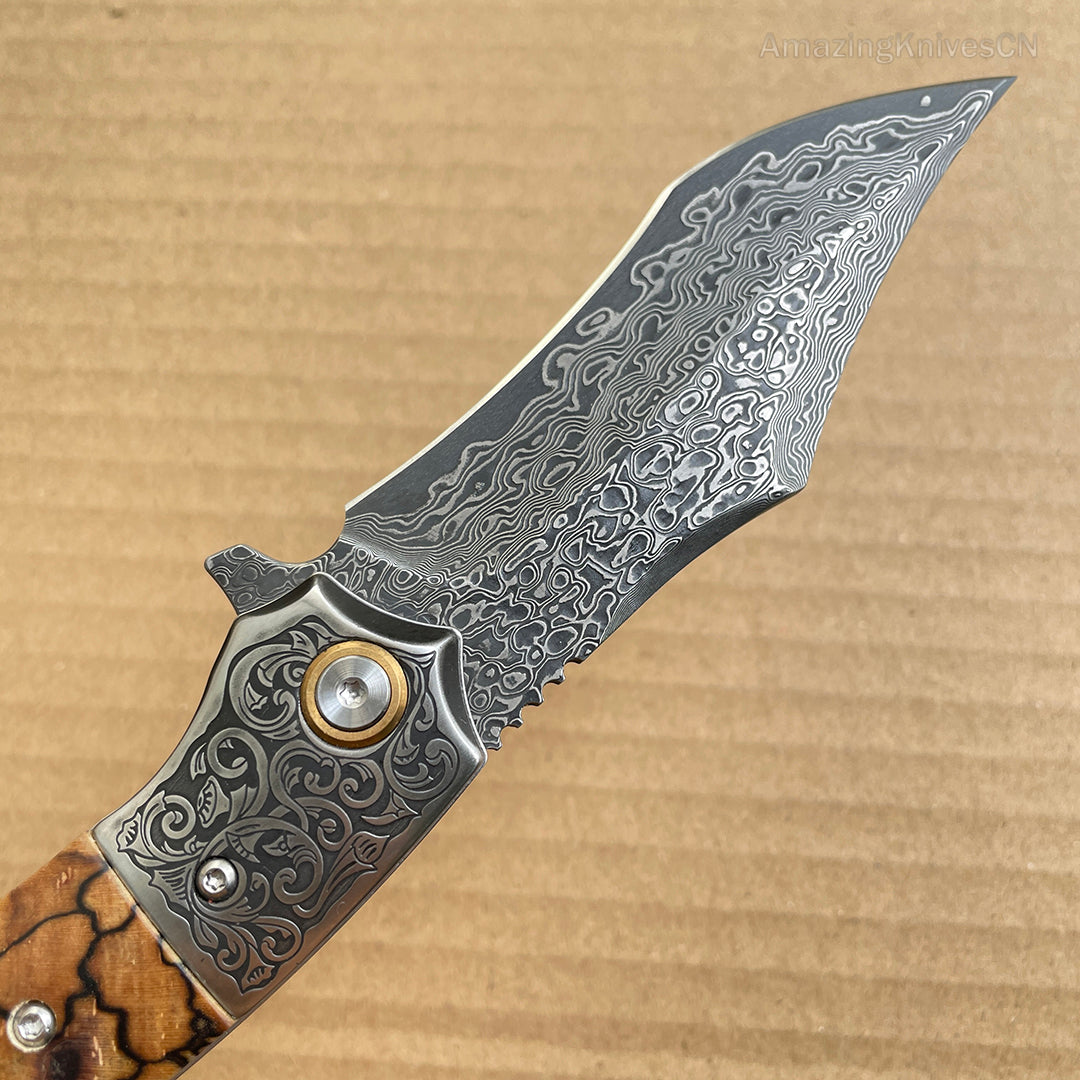 Vg10 Damascus Hunting Survival Folding Pocket Knife Wood Ball Bearing W/ Sheath - AK-HT0831
