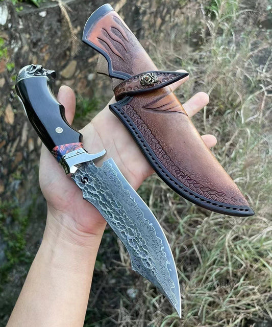 VG10 Hunting Knife Damascus Steel Bowie Survival Knife Full Tang Bushcraft Ebony -AK-HT0680