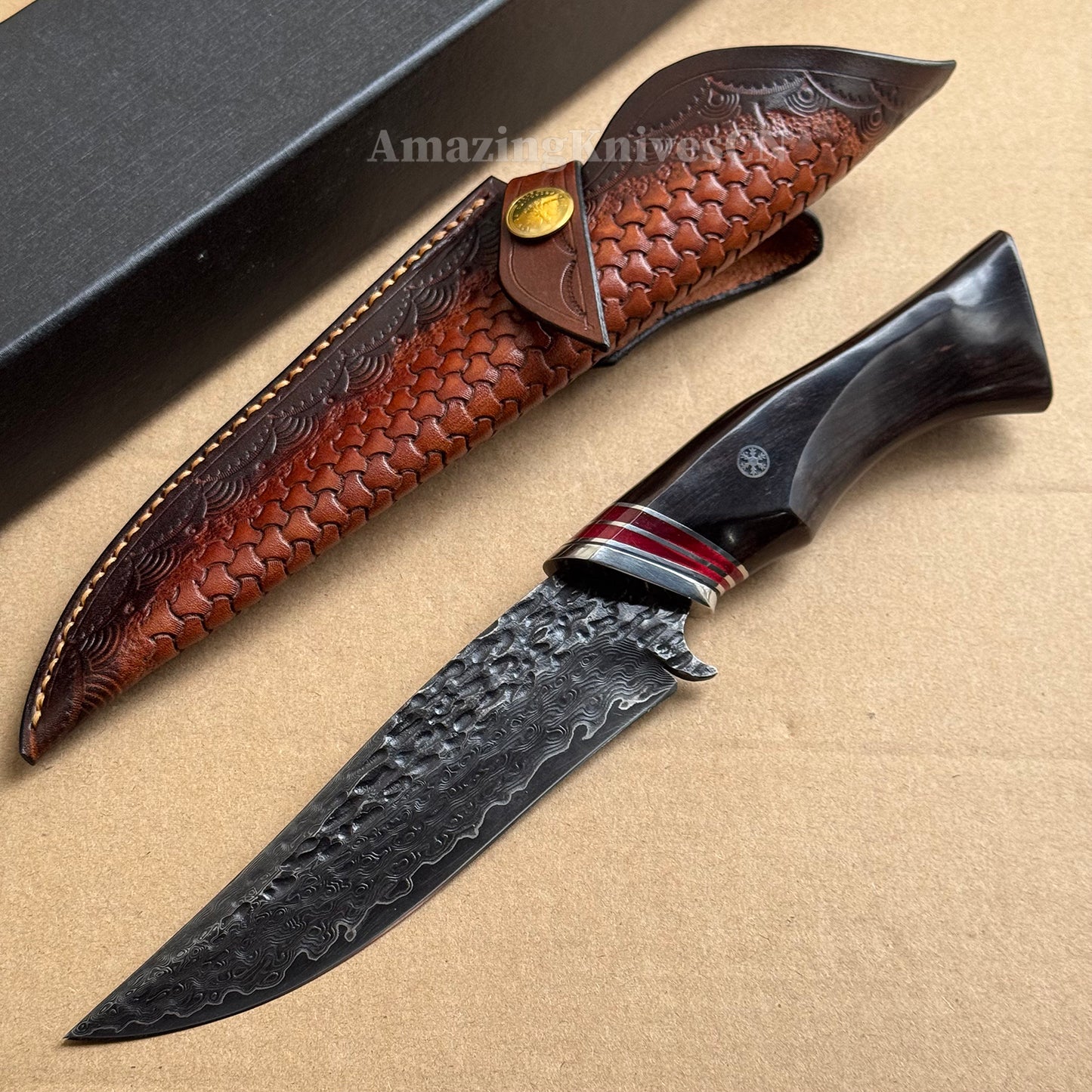 VG10 Damascus Hunting Knife Camping Survival Fixed Blade Bone Ebony Wood Black- AK-HT0370-B