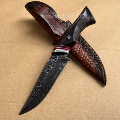 VG10 Damascus Hunting Knife Camping Survival Fixed Blade Bone Ebony Wood Black- AK-HT0370-B