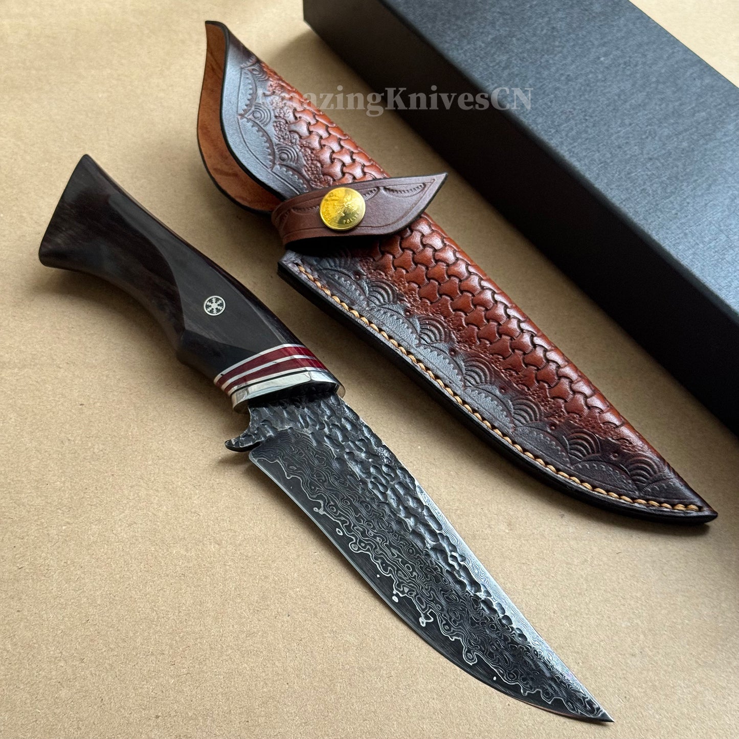 VG10 Damascus Hunting Knife Camping Survival Fixed Blade Bone Ebony Wood Black- AK-HT0370-B