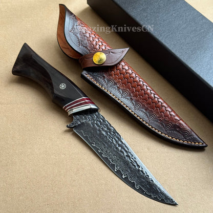 VG10 Damascus Hunting Knife Camping Survival Fixed Blade Bone Ebony Wood Black- AK-HT0370-B