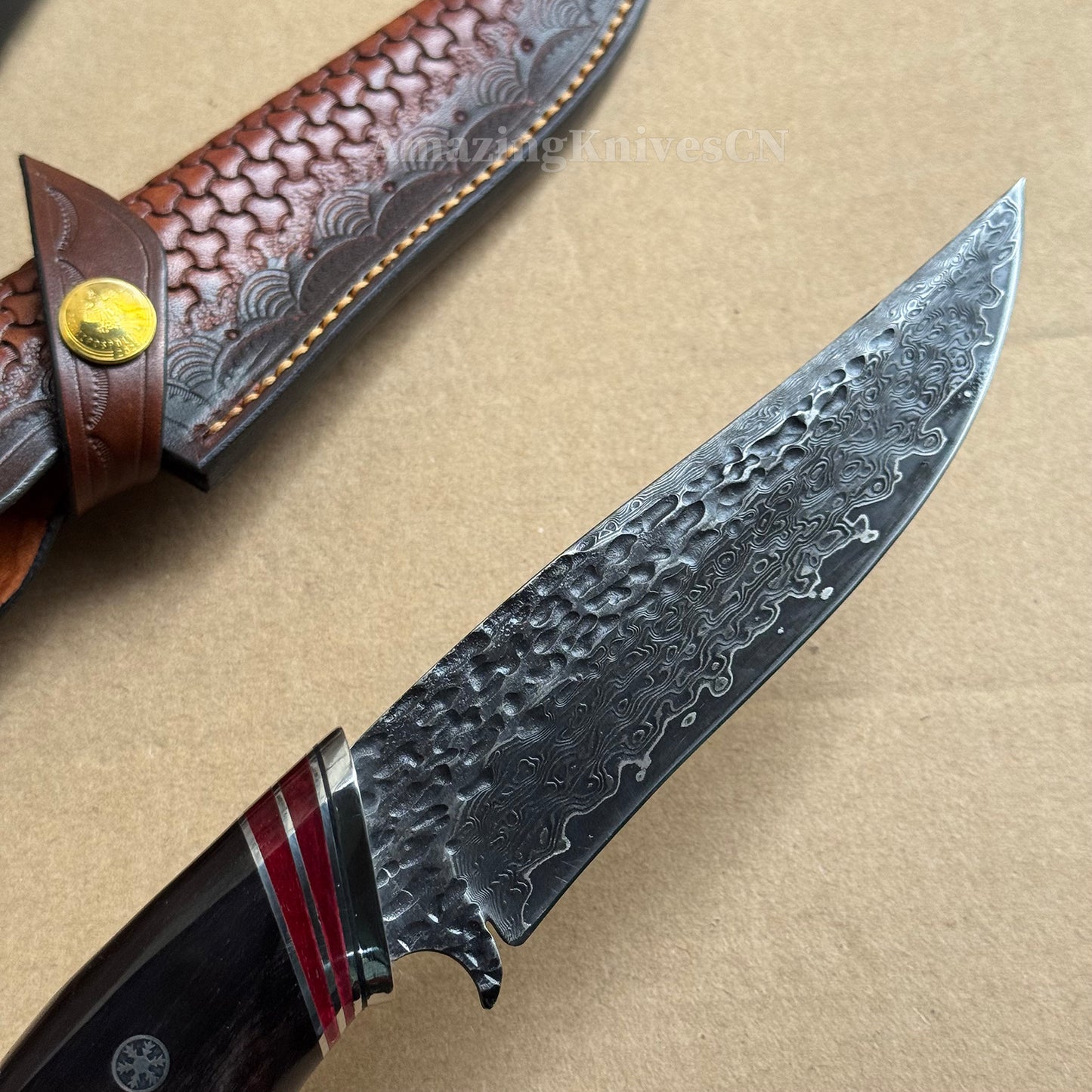 VG10 Damascus Hunting Knife Camping Survival Fixed Blade Bone Ebony Wood Black- AK-HT0370-B