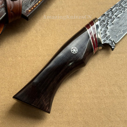 VG10 Damascus Hunting Knife Camping Survival Fixed Blade Bone Ebony Wood Black- AK-HT0370-B