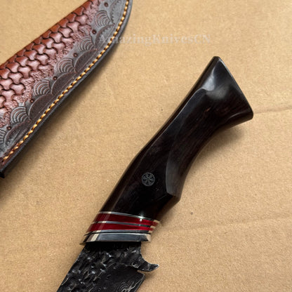 VG10 Damascus Hunting Knife Camping Survival Fixed Blade Bone Ebony Wood Black- AK-HT0370-B