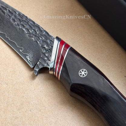 VG10 Damascus Hunting Knife Camping Survival Fixed Blade Bone Ebony Wood Black- AK-HT0370-B