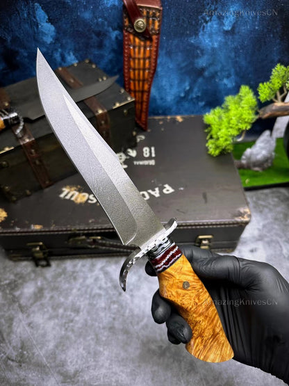 Wootz Steel Hunting Knife Survival Straight Knives Big Bowie Burl Wood - AK-HT0845