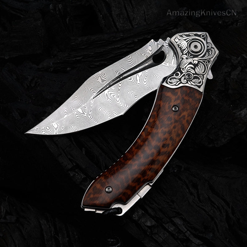 Collectible VG10 Damascus Folding Knife Pocket Knife Snakewood Handle- AK-HT0844