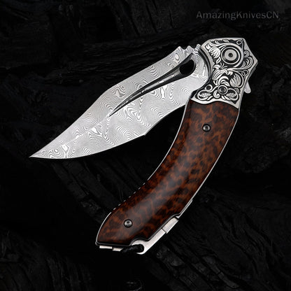 Collectible VG10 Damascus Folding Knife Pocket Knife Snakewood Handle- AK-HT0844