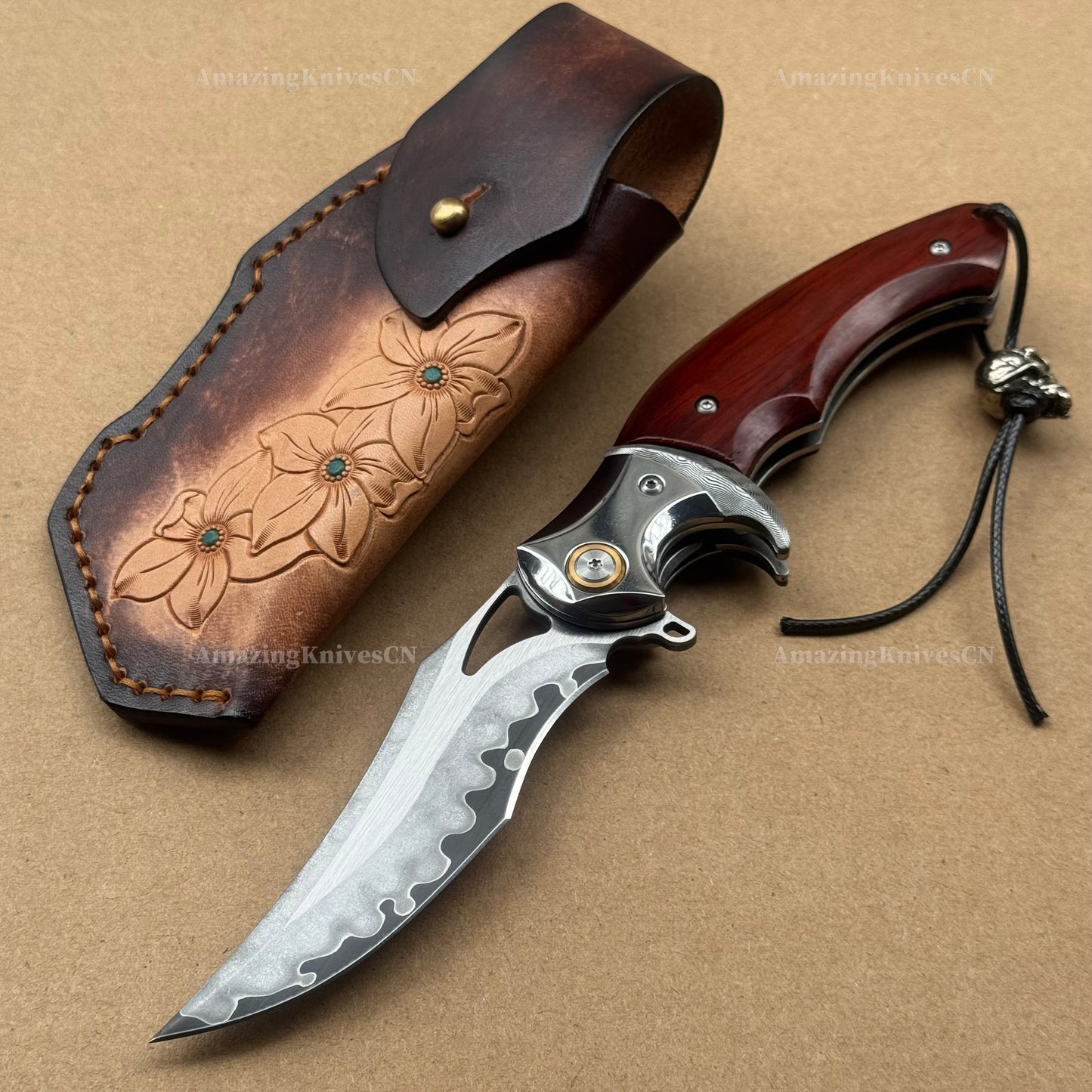 VG10 Damascus Steel San Mai Steel Hunting Survival Pocket Knife Wood Handle - AK-HT0973