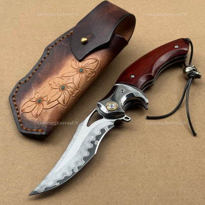 VG10 Damascus Steel San Mai Steel Hunting Survival Pocket Knife Wood Handle - AK-HT0973