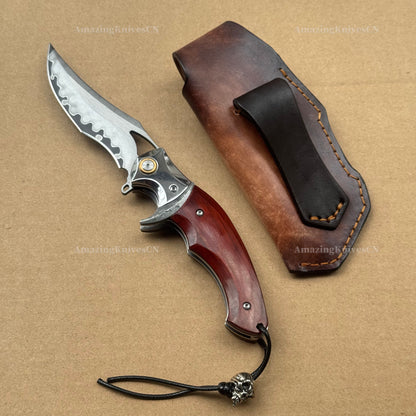 VG10 Damascus Steel San Mai Steel Hunting Survival Pocket Knife Wood Handle - AK-HT0973