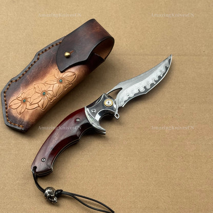 VG10 Damascus Steel San Mai Steel Hunting Survival Pocket Knife Wood Handle - AK-HT0973