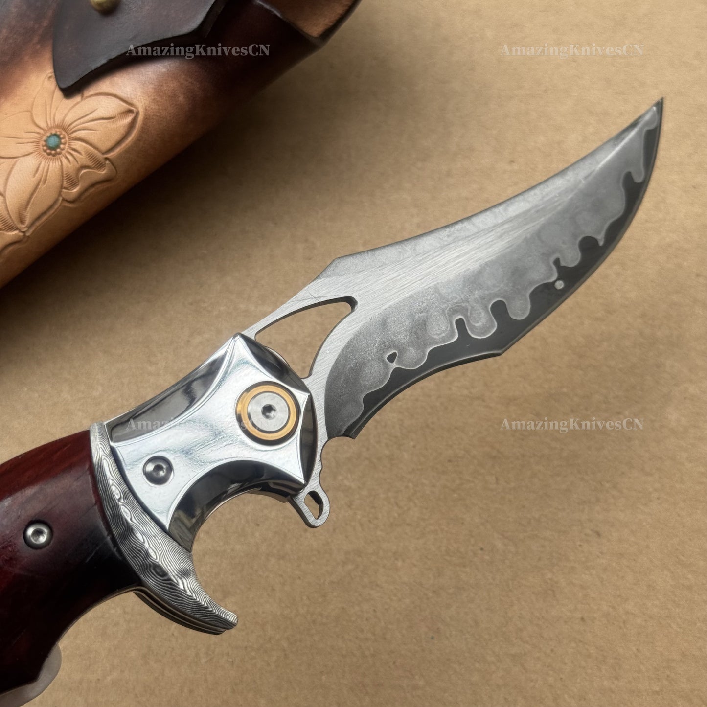 VG10 Damascus Steel San Mai Steel Hunting Survival Pocket Knife Wood Handle - AK-HT0973
