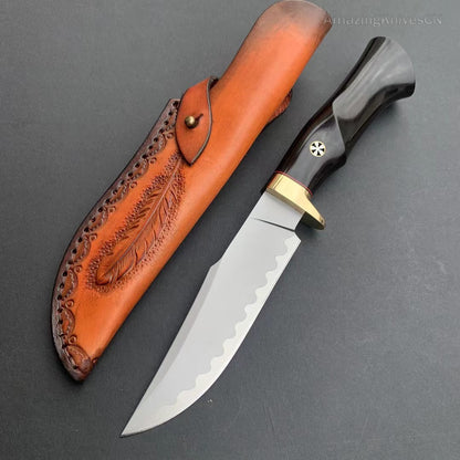 Damascus Hunting Knife Outdoor Survival Knife Purpleheart Wood w/ Leather Sheath - AK-HT0904