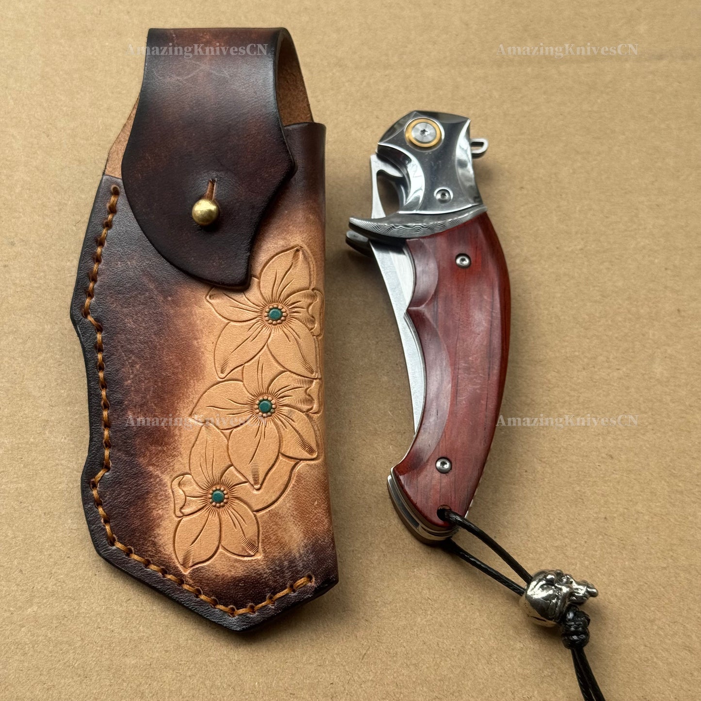 VG10 Damascus Steel San Mai Steel Hunting Survival Pocket Knife Wood Handle - AK-HT0973
