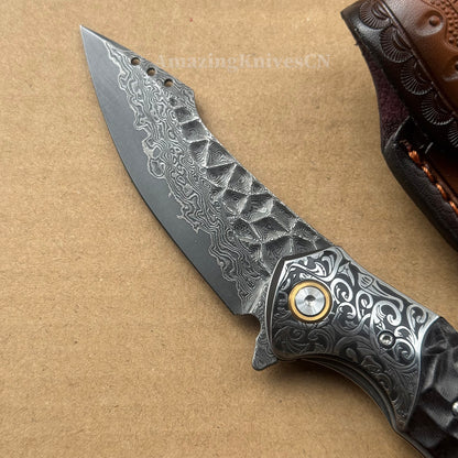 Japanese VG10 Damascus Survival Pocket Knife Flipper Ball Bearing Razor Sharp w/ Clip - AK-HT0991