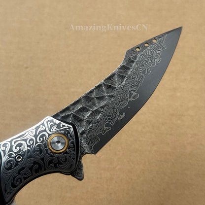 Japanese VG10 Damascus Survival Pocket Knife Flipper Ball Bearing Razor Sharp w/ Clip - AK-HT0991