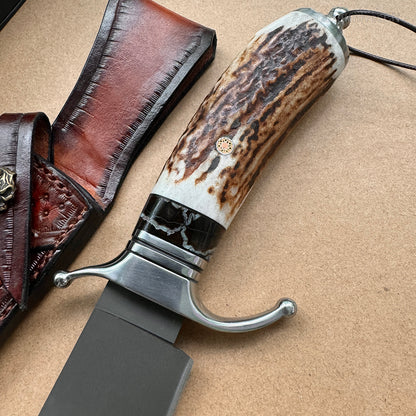 *LAST ONE* Top-tier Collectible Amazing Wootz Steel Survival Bowie Hunting Knife Fixed Blade Stag Horn Handle w/ Sheath - AK-HT0879-2